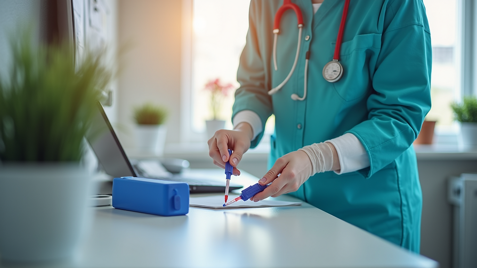 Eye-level view of a mobile phlebotomist preparing blood draw equipment in a clean, organized setting