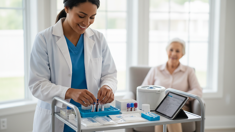 Close-up view of a phlebotomist preparing a blood draw kit in a mobile setting
