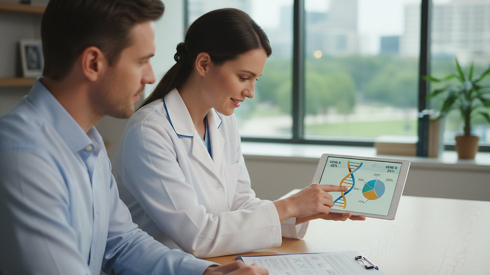 Close-up view of a genetic counselor explaining DNA test results to a patient