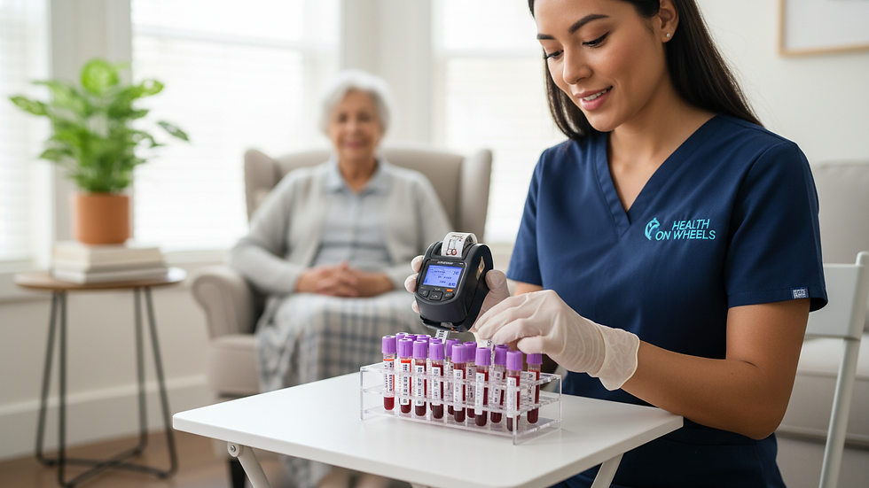 Close-up view of a mobile phlebotomist labeling blood sample tubes carefully