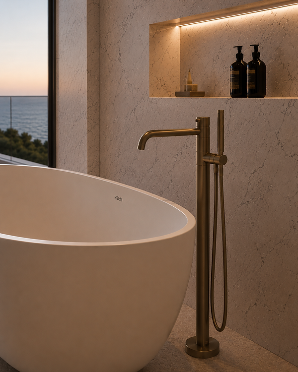 Modern bathroom featuring a freestanding white Boffi bathtub with a brushed gold floor-mounted faucet and hand shower. Built-in wall niche with soft ambient lighting holds two dark soap dispensers and decorative items. Marble-effect walls and a scenic ocean view through a large window complete the luxurious, minimalist spa-like interior design.