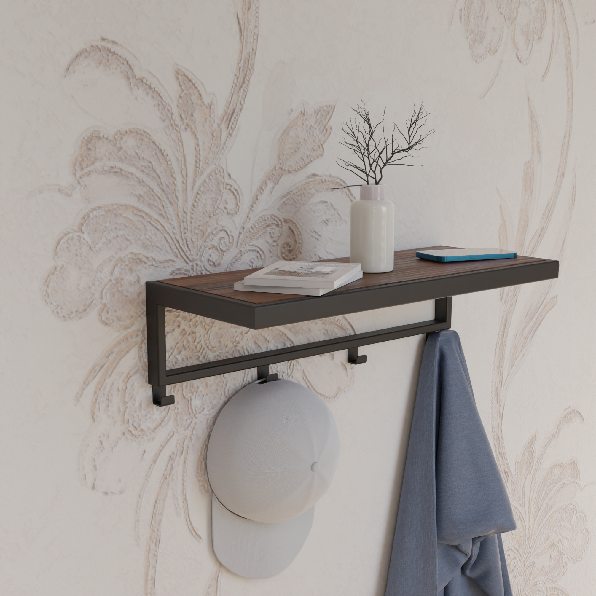 Lina Plus Aksesuar Raflı Metal Duvar Askılığı -Portmanto