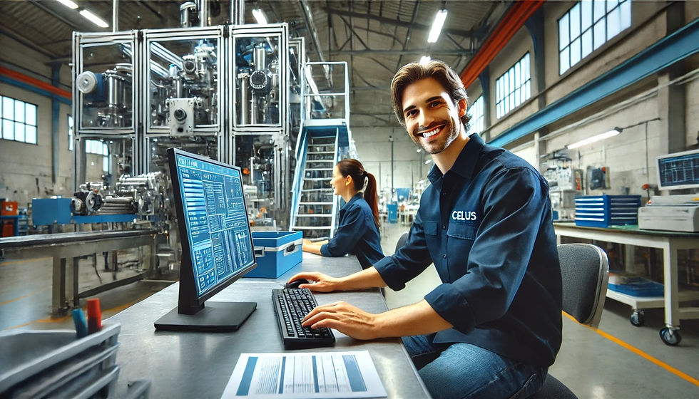 Profissional de TI sorridente em ambiente industrial, monitorando sistemas em um computador para garantir suporte de TI eficiente, segurança da informação e continuidade operacional.