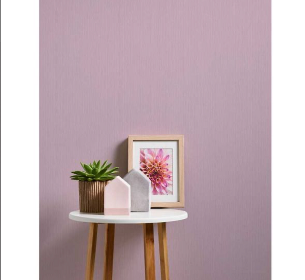 mur peint avec papier peint ,petite table ,plante en pot et cadre de photo