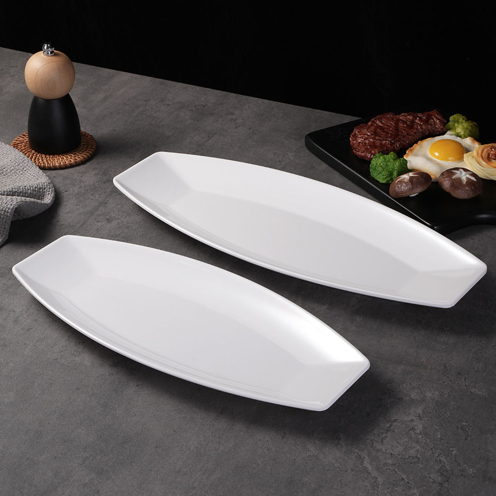 【ES】 15" X 6.5" WHITE CERAMIC BOAT PLATE * 2 PCS 白色瓷船型盤 * 2個