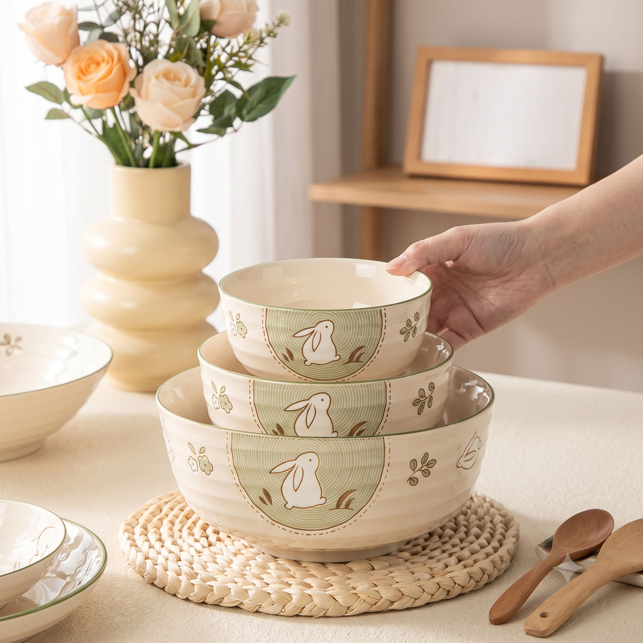 【ES】Sage & Bunny Ceramic Bowls – Japanese Style * 3 Pcs