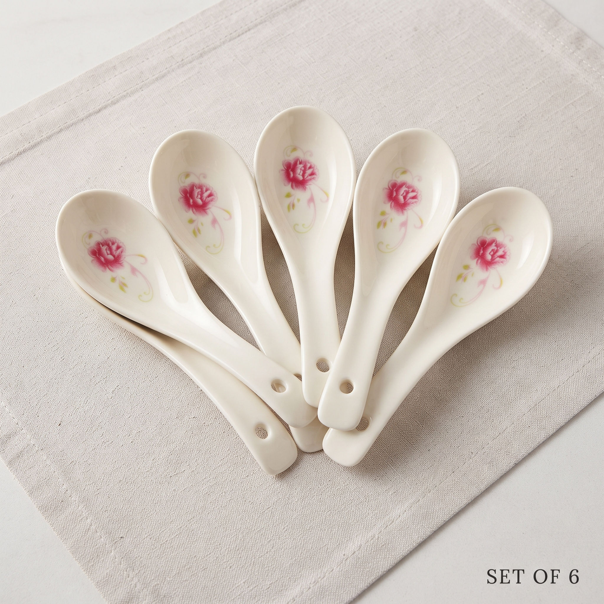 Vintage Rose Ceramic Asian Soup Spoons (5.5" Length) - Set of 6