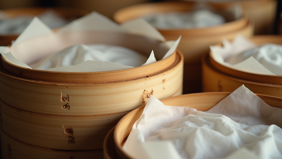 Close-up view of bamboo steamer baskets stacked with parchment paper
