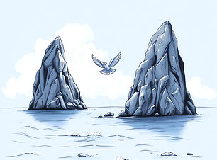 landscape image of two monumental rocks on the sea and one dove flying through them.jpg