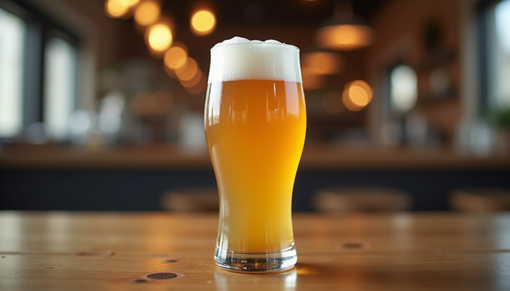 Close-up view of a glass filled with hazy golden IPA beer showing thick foam head