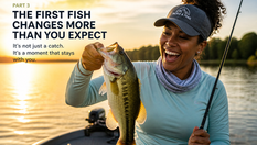 A woman smiles, holding a fish in a boat at sunset. Text reads, "The first fish changes more than you expect. It's not just a catch."