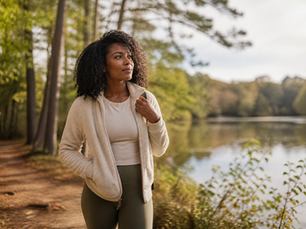 Woman in a beige jacket walks on a forest path by a lake, looking serene. Sunlight filters through trees, creating a warm atmosphere.