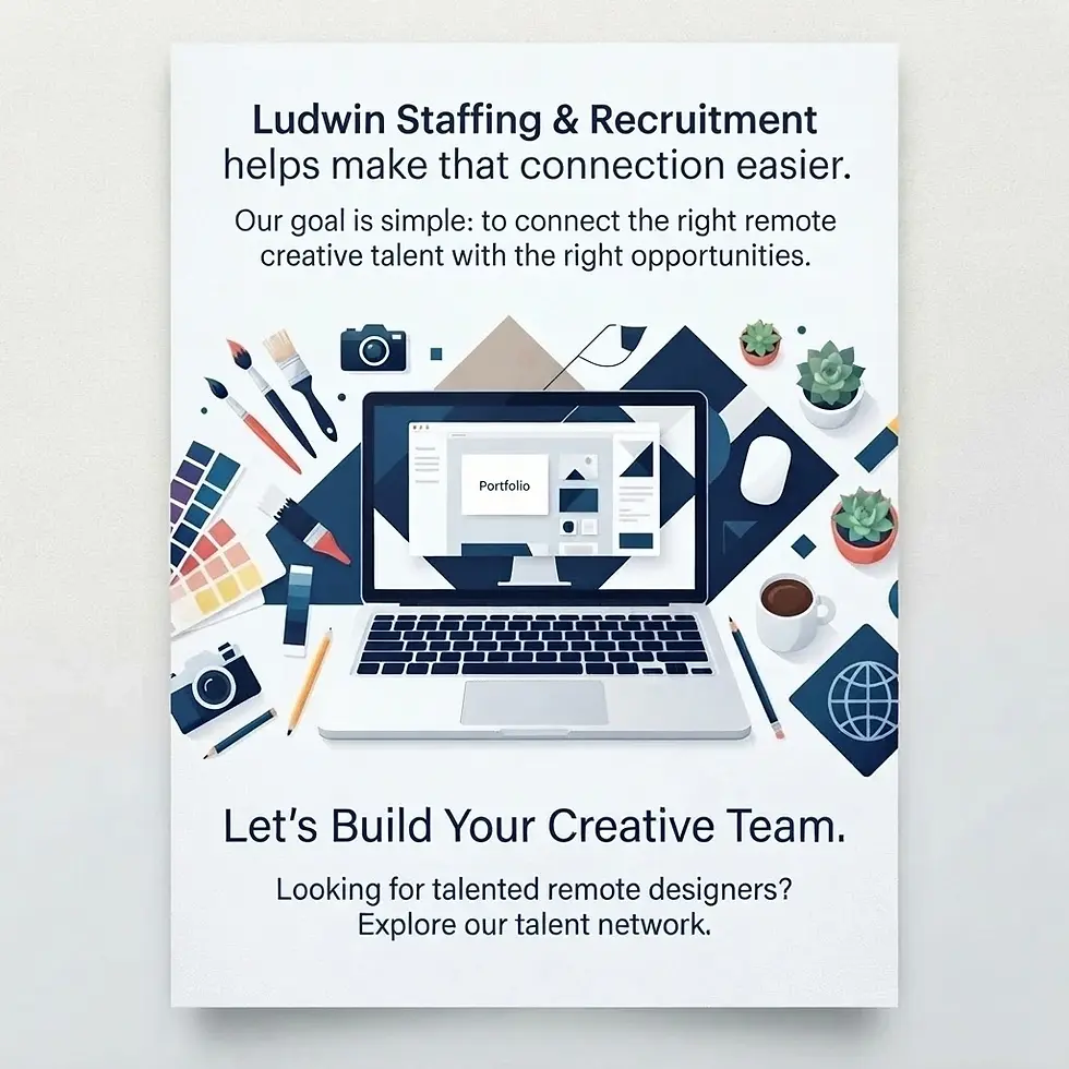 Digital illustration showcasing creative tools and a laptop around a portfolio interface. It represents Ludwin Staffing & Recruitment's goal of connecting remote creative talent with opportunities.