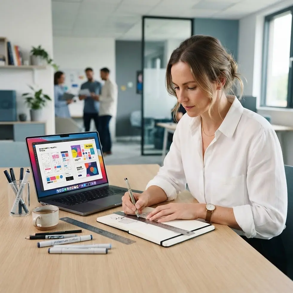 Studio photography of a woman designing at her desk. She is focused on her work, with colleagues in the background of a modern office.