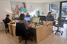 Some of the Sirius Homecare team and their dog at desks in the office