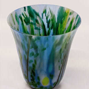 Greta Schneider fused glass green and blue vase.