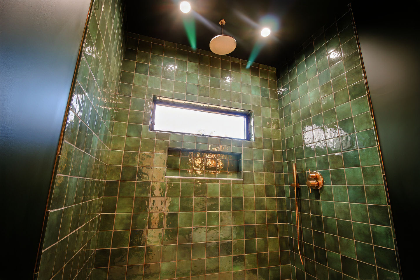 primary bath modern mid century modern MCM gold hardware emerald green shower with rainhea