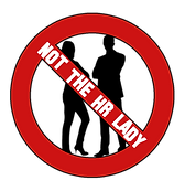 Not the HR Lady logo: An eye-catching Not the HR Lady logo in red, black, and white, depicting a man and woman behind a red p