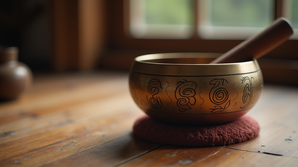 Close-up view of a Tibetan singing bowl on a wooden surface