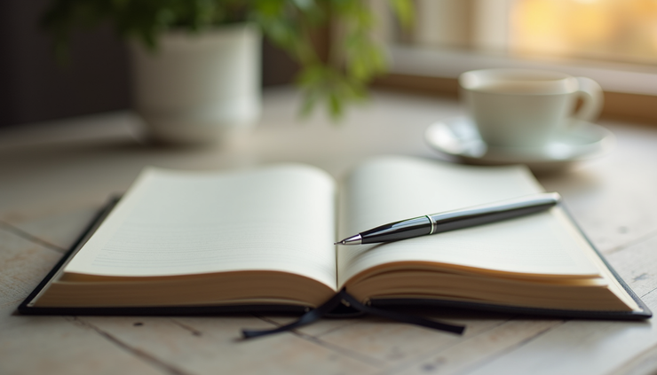 Close-up view of a journal and pen on a therapy table, symbolizing reflection and healing