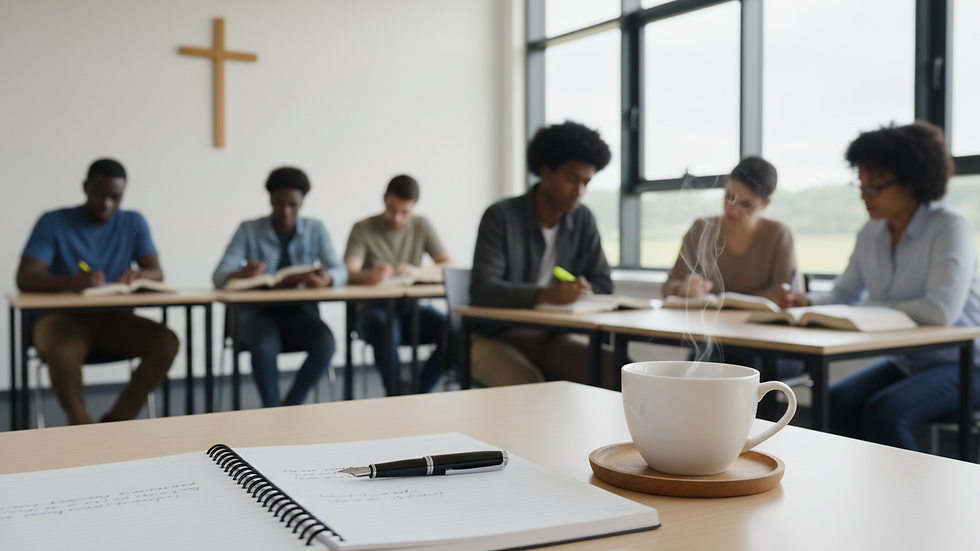 Close-up view of a notebook and pen beside a cup of coffee during a study session