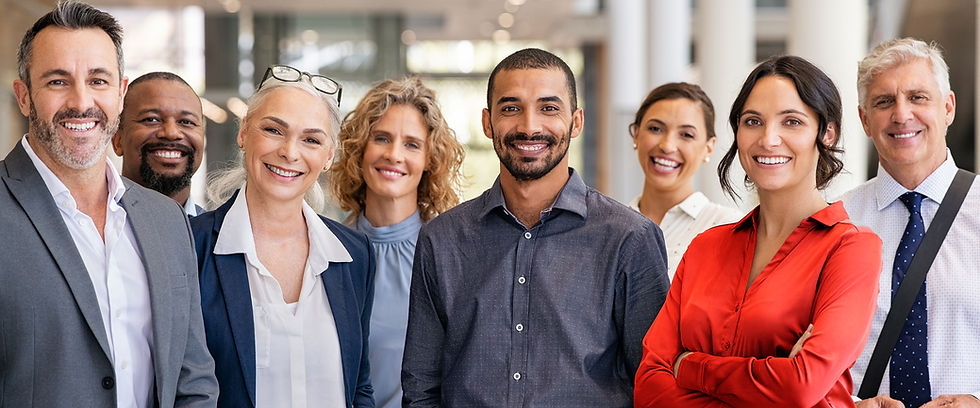 Smiling diverse group of professional colleagues in an office.