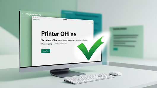 A desktop screen showing a “Printer Offline” error message and troubleshooting steps being