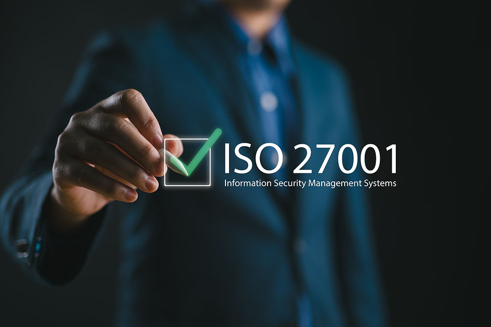ISO 27001 concept requirements, certification, management, standards Businessman using tab