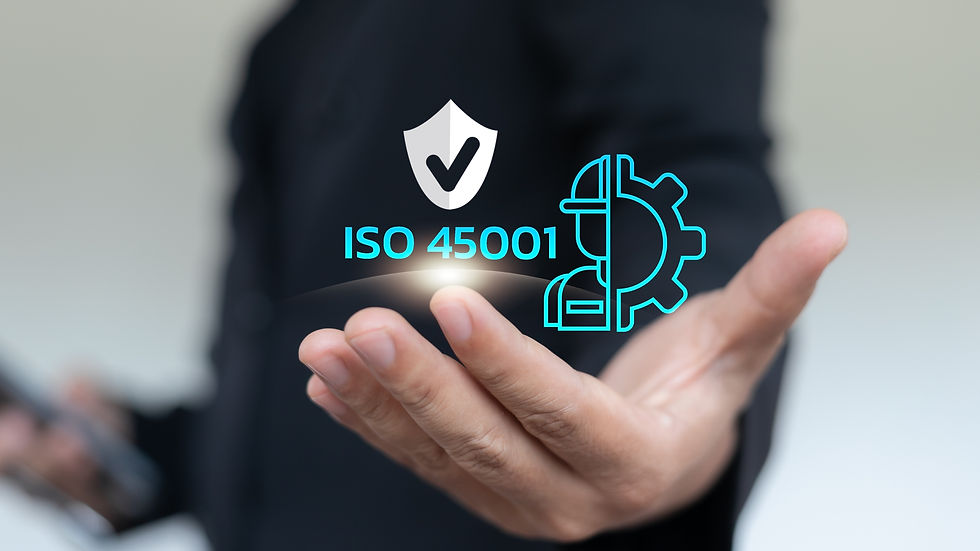 Businessman holding ISO 45001 certification icon with safety shield, helmet, and gear, rep