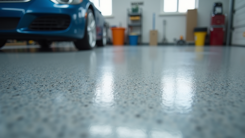 Eye-level view of a freshly coated garage floor with epoxy