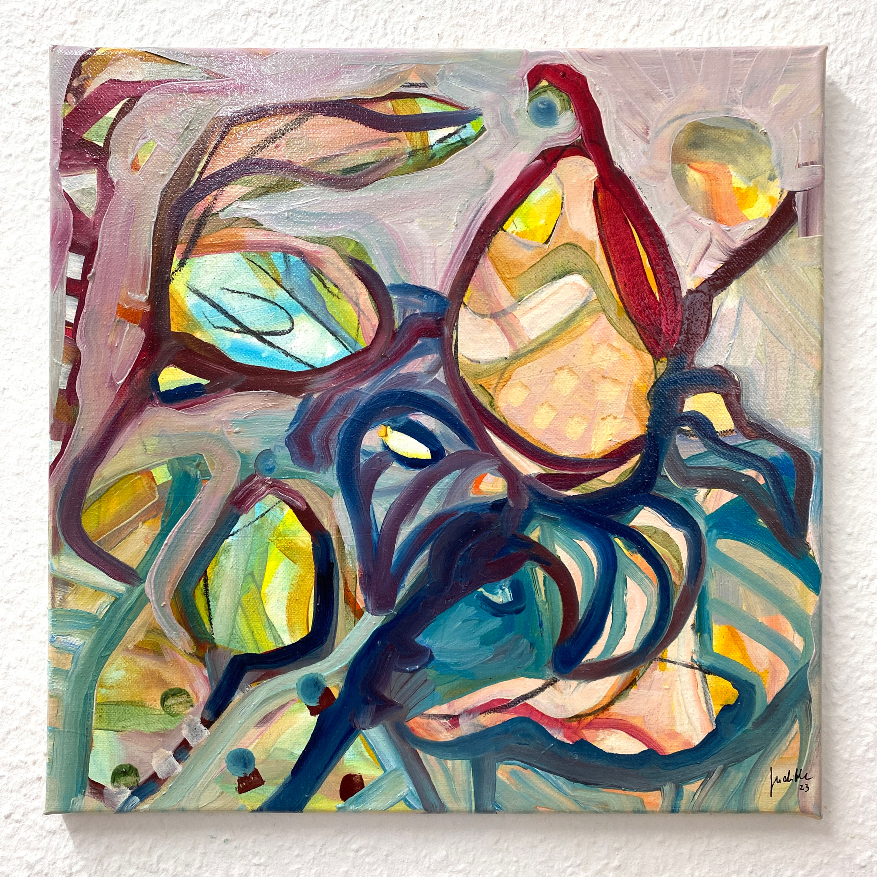 „Gartenherzschlag 1“, Ölgemaelde auf Leinwand, quadrat, abstrakte Naturmalerei. Blumen, Samenkapseln, Blätter. Von der deuts