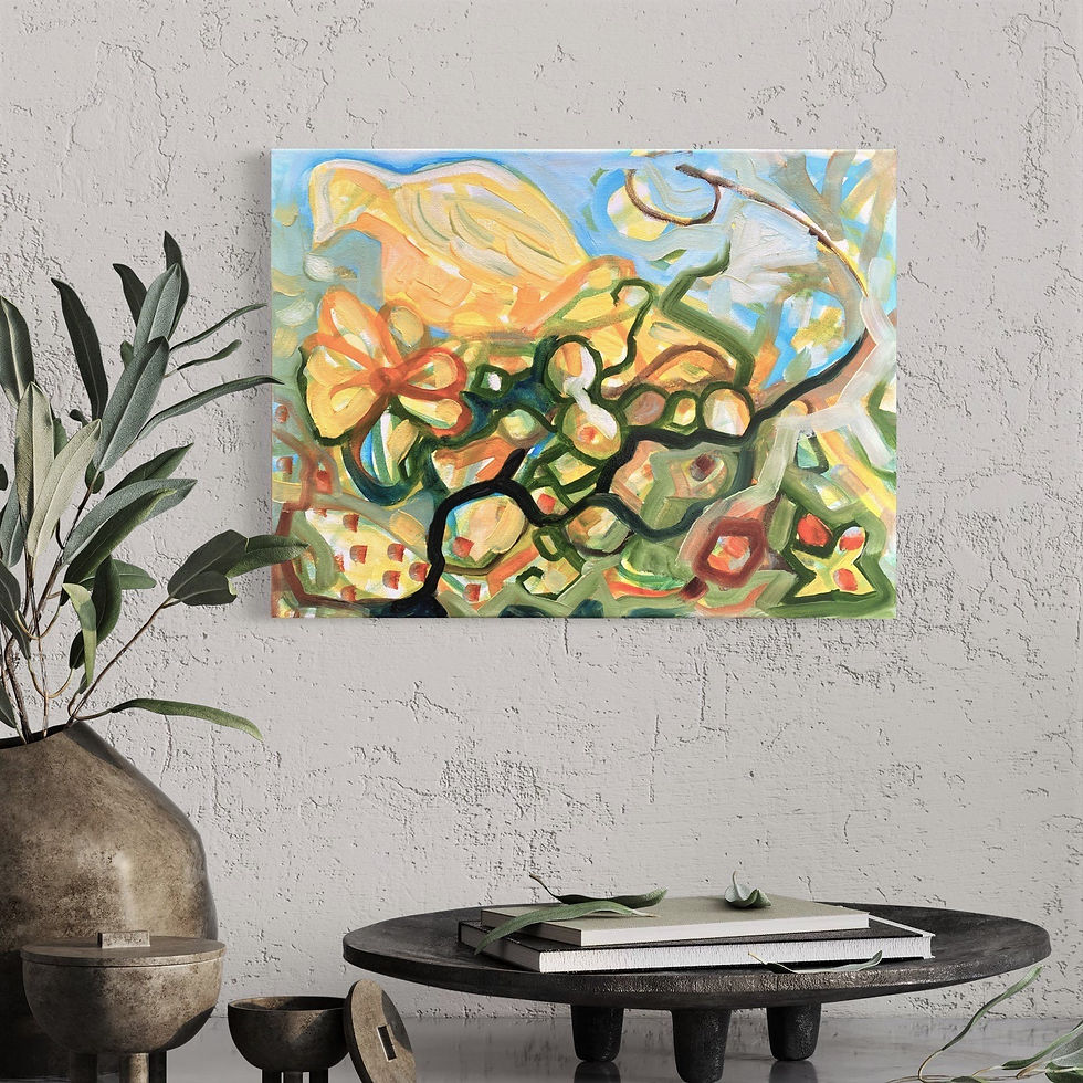 Miniaturbild: "Hide and Seek" Ölgemälde gelb, blau, orange, grün, abstrakt mit Blumengarten und einer Taube, von Judith Riemer