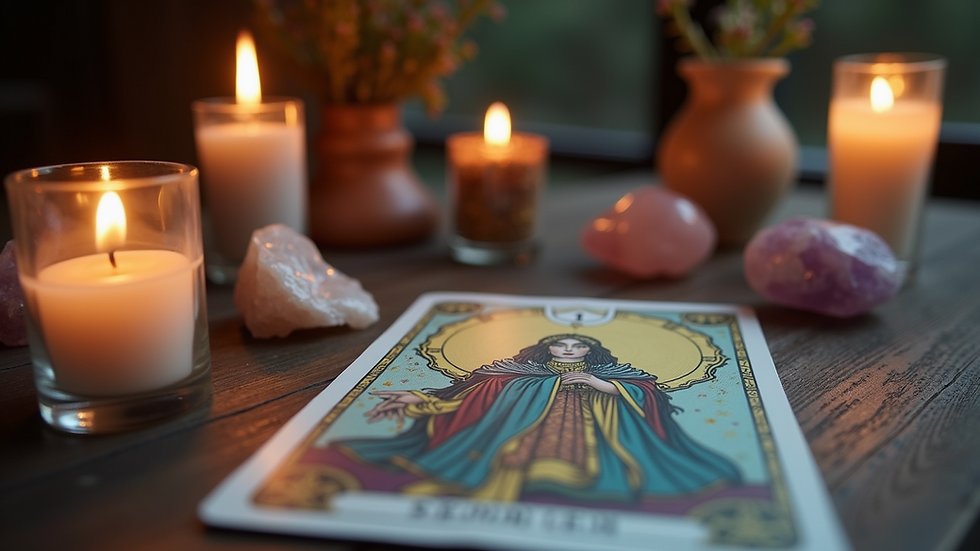 Eye-level view of a tarot reading setup with crystals and candles
