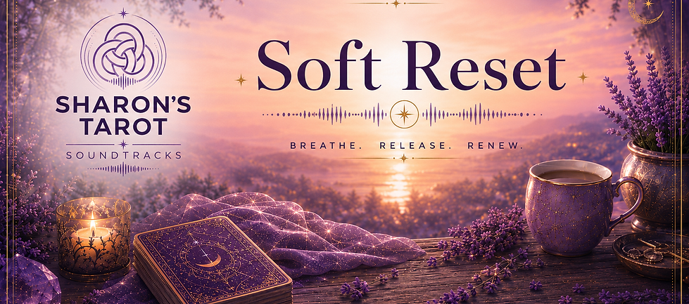 Soft Reset banner with calm tarot atmosphere, lavender tones, tea, candlelight and reflective soundwave styling.