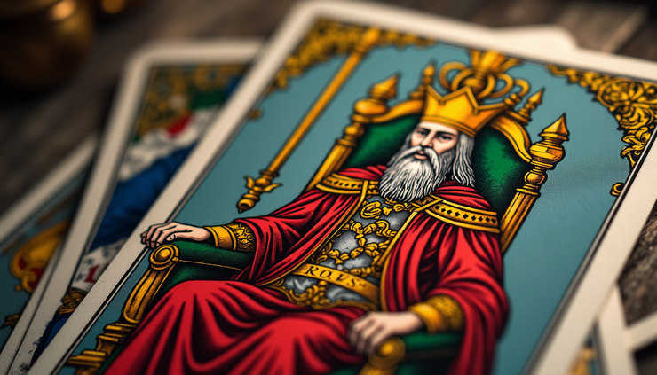 Eye-level view of a detailed Emperor tarot card with a throne and scepter