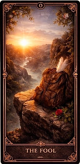 The Fool tarot card showing a traveller at a cliff edge with a small dog and a bright sky.