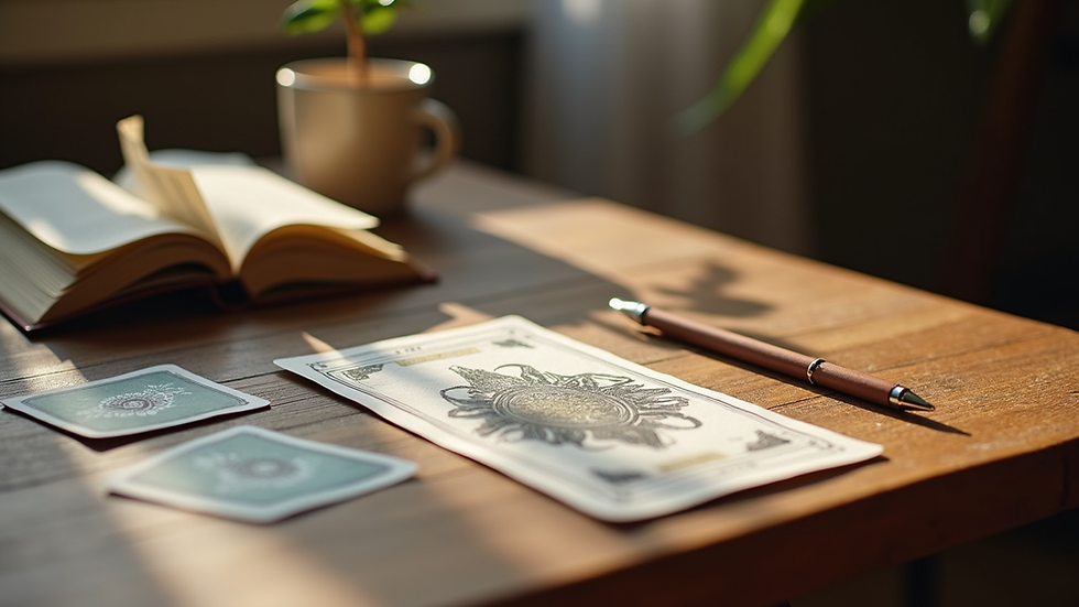 Eye-level view of a wooden table with a neatly arranged tarot deck and a notebook