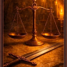 Justice tarot card symbolising truth, fairness, karma, balance, accountability, and clear decisions.
