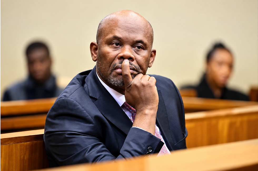 Bald man in navy suit sits in courtroom, finger to lips in a thoughtful pose, with blurred seated people behind him.