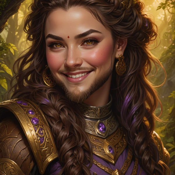 A portrait of a beautiful woman in ornate fantasy armour with long brown hair and a neatly trimmed beard