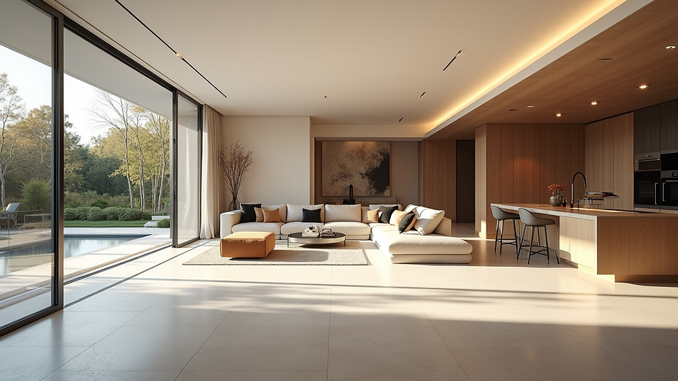 Wide angle view of a luxury home interior with open floor plan and natural light