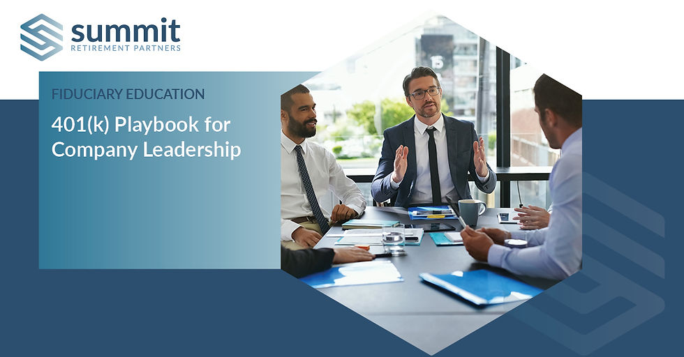 Three men in business attire discuss at a table in an office. Text: "401(k) Playbook for Company Leadership." Blue, modern design.