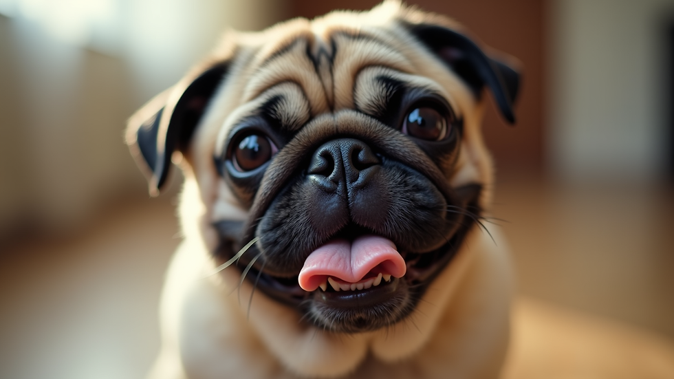 Close-up view of a pug with a playful expression
