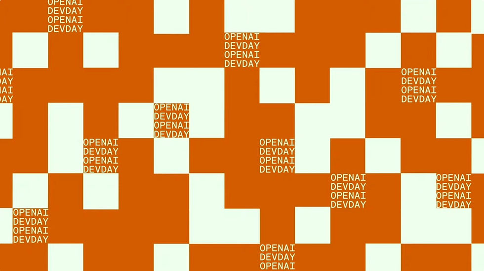 A background image consisting of redish brown and light green square patterns with the text OpenAI DevDay sprinkled all over the pattern.
