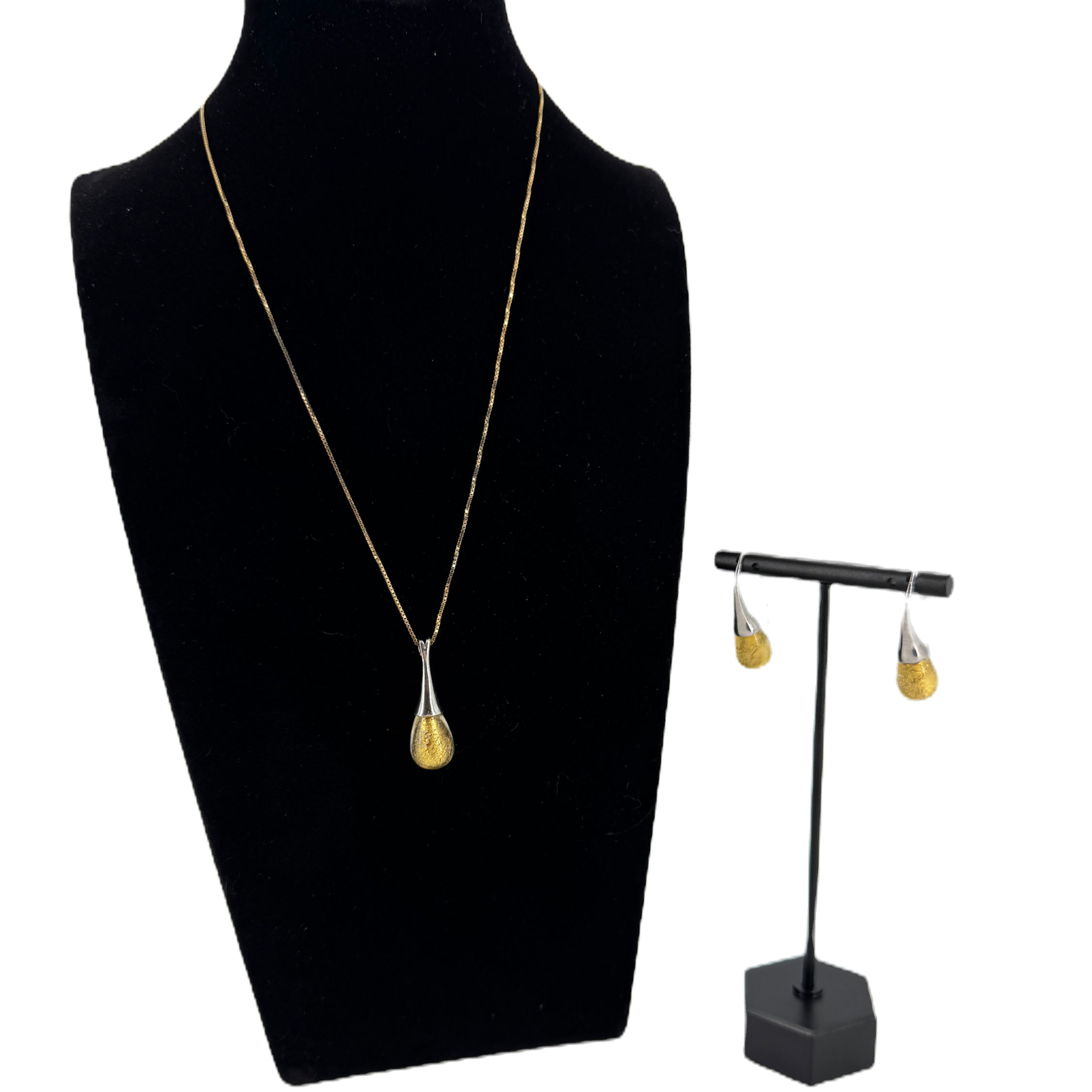 Murano Glass Necklace & Earring Set – Gold Glass with Silver