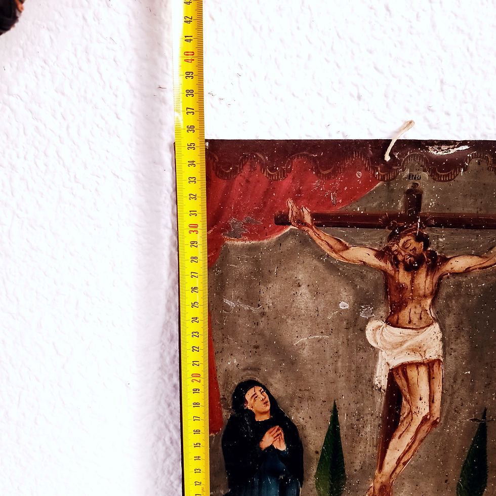 Thumbnail: 1853 Mexican Ex-Voto Painting, Donor Kneeling Before Christ Crucified, Illness