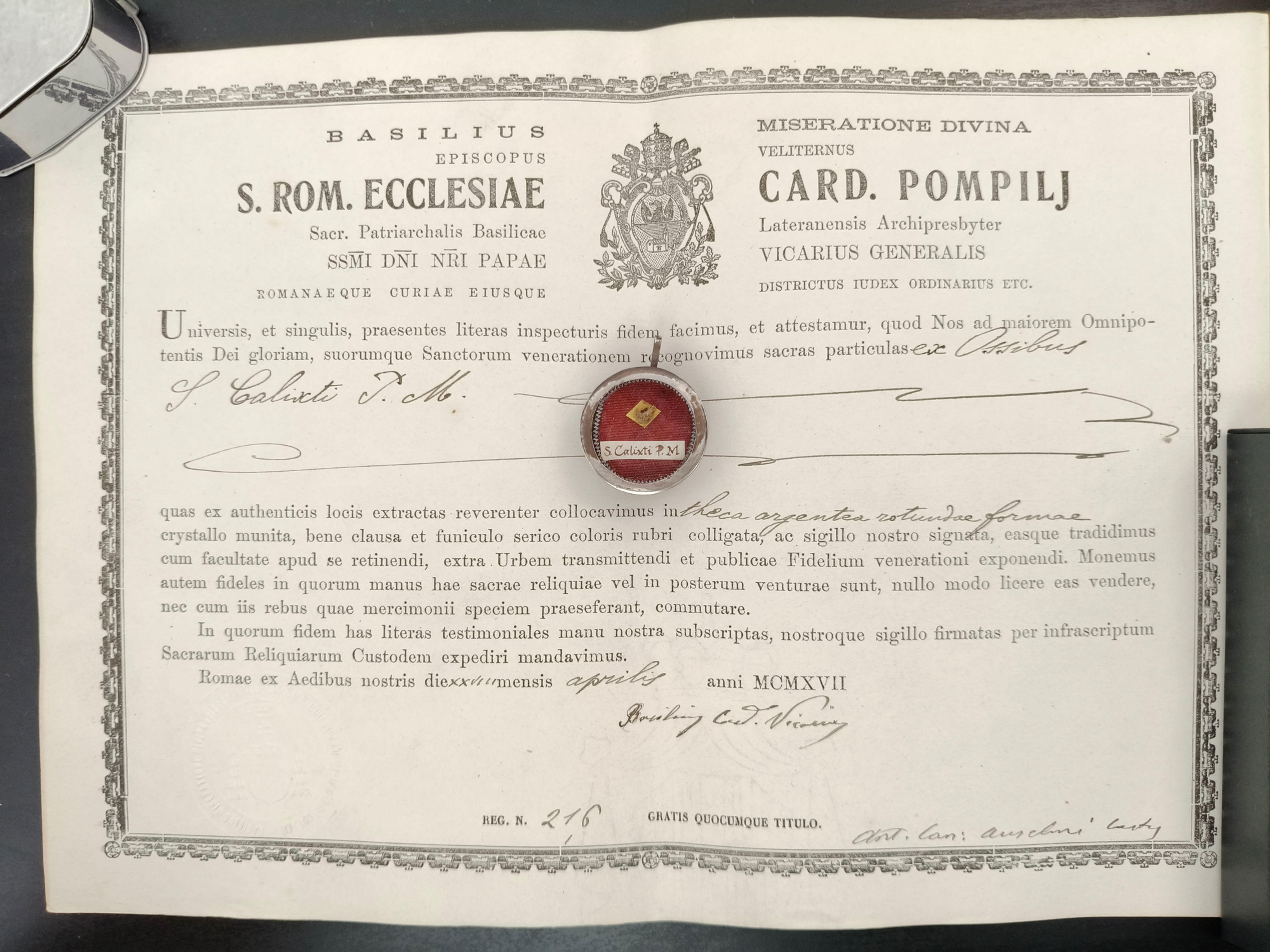 Silver Reliquary Important Relic St. Calixtus + Document COA