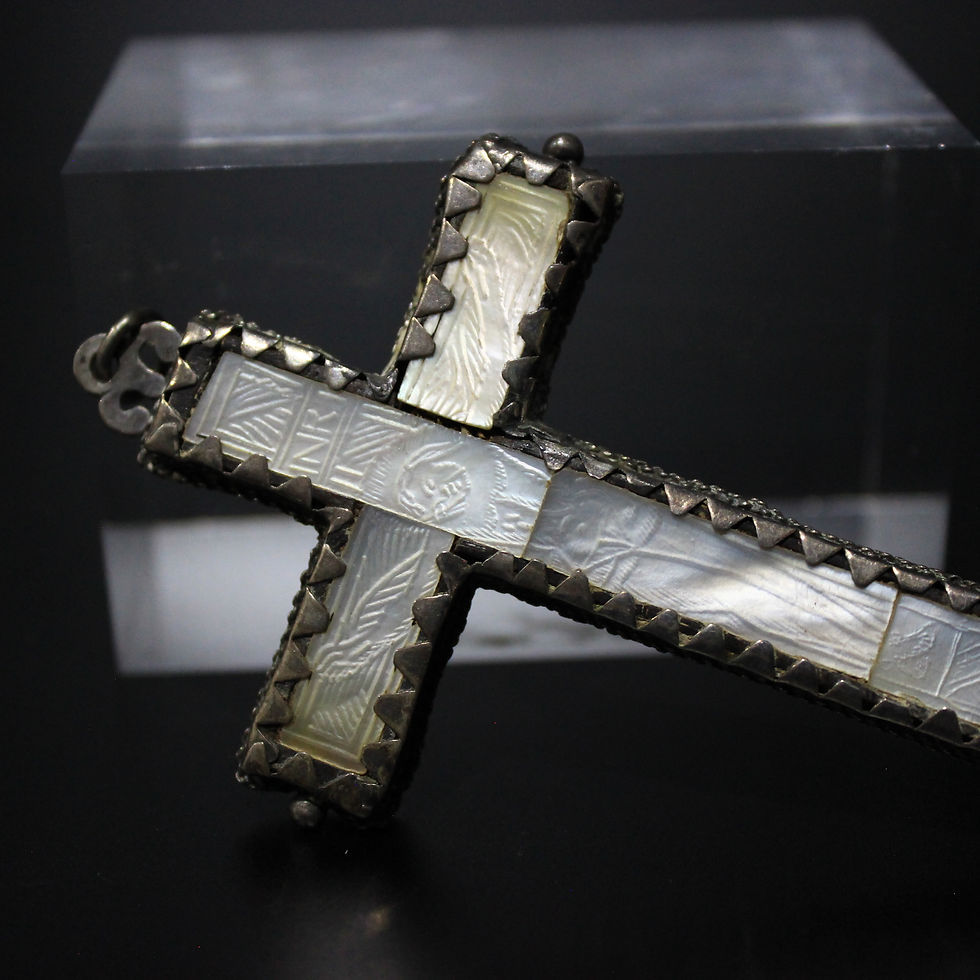 Thumbnail: Rare Nun Crucifix Cross Jesus Christ Engraved Mother Pearl + Silver XVIII Cent.
