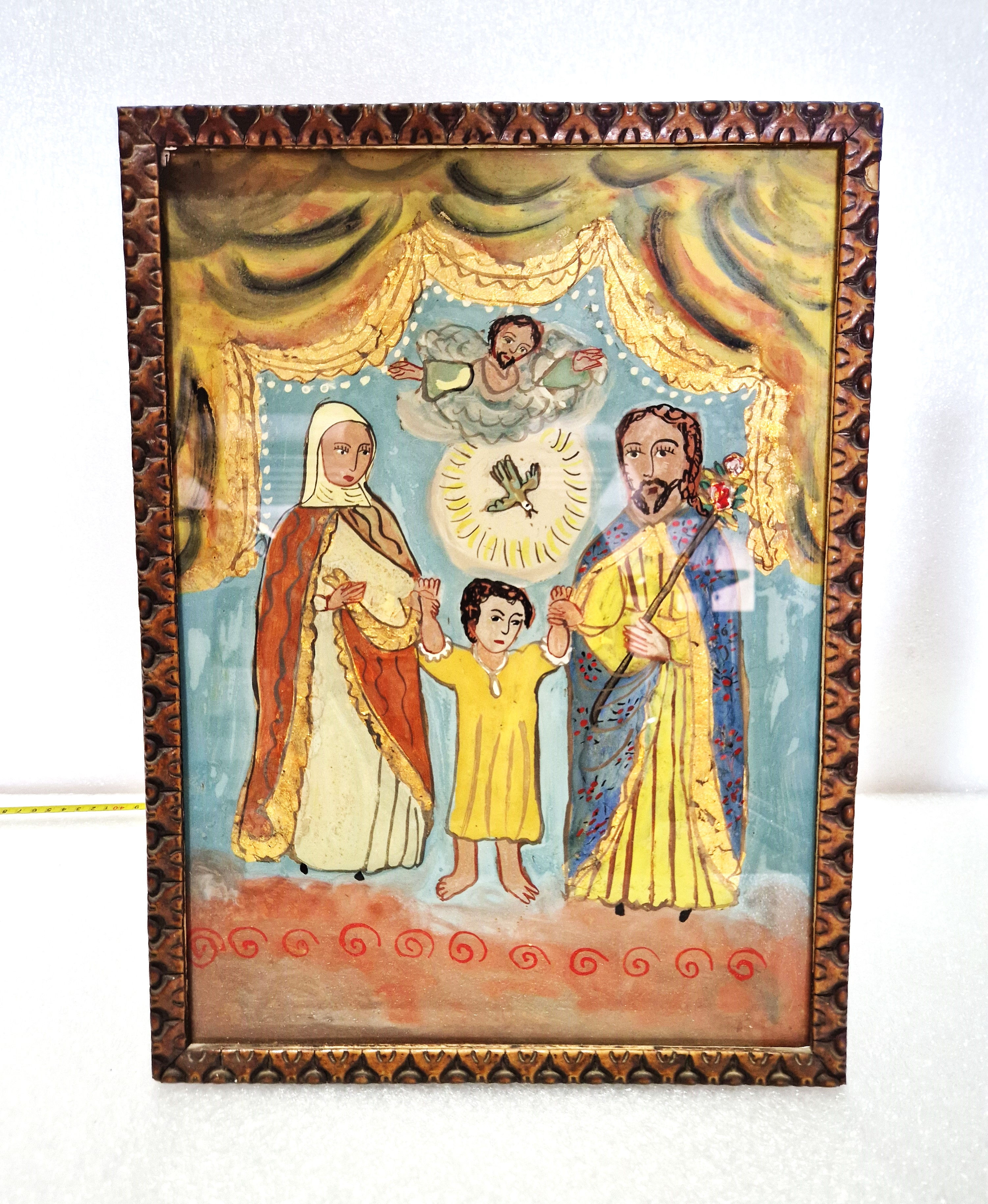 19th Cent. Reverse Glass Ex-Voto Painting of The Holy Family, Folk Art. Spain