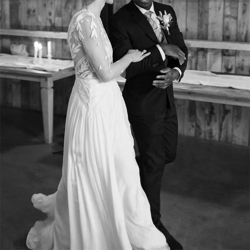 Thumbnail: Spring Elegant Long Sleeves Chiffon A-Line Wedding Dress Pleat Open V-Back